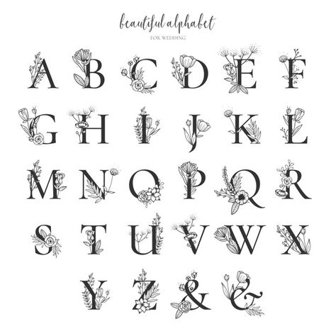 Beautiful alphabet collection with hand drawn floral ornaments Free Vector Old English Alphabet, Awesome Fonts, Alfabet Font, Alphabet Code, Floral Font, طابع بريدي, Pola Bordir, Alfabet Letters, Alphabet A