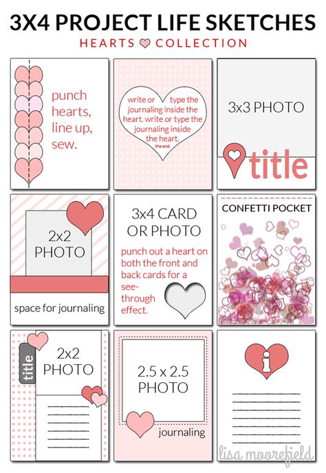 3x4 Project Life sketches using hearts. The sketches can be used for any pocket page scrapbook design. Pocket Letter Pals, Pocket Page Scrapbooking, Project Life Printables, 잡지 레이아웃, Project Life Scrapbook, Life Sketch, Project Life Album, Project Life Layouts, Project Life Cards