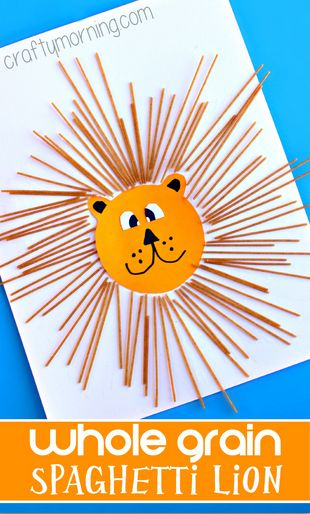 Whole Grain Spaghetti Lion Craft for Kids to make! #Lion art project | CraftyMorning.com Footprint Snowman, Footprint Turkey, Spaghetti Art, Sock Bunnies, Macaroni Art, Noodle Crafts, Zoo Crafts, Circus Crafts, Lion Craft