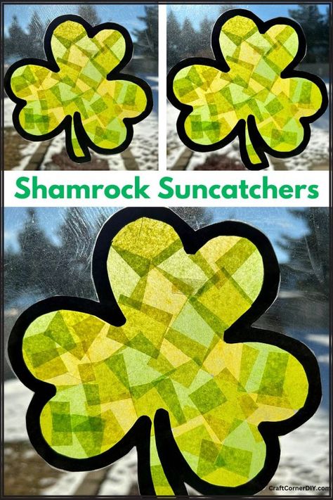 Shamrock suncatcher craft made with tissue paper. Kids Suncatcher Craft, Printable Shamrock Template, Shamrock Suncatcher, Window Art Projects, March Ideas, Shamrock Template, Shamrock Craft, Saint Patricks Day Art, Suncatcher Diy