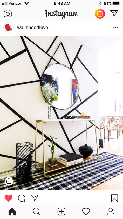 Love this DIY idea for a wall with electrical or black masking tape. Decor Tape Ideas, Black Tape Wall Art, Masking Tape Art Wall, Electric Tape Wall Art Diy, Black Tape Wall Designs, Painters Tape Art Wall, Electric Tape Wall Art, Painters Tape Wall Design, Electrical Tape Wall Art