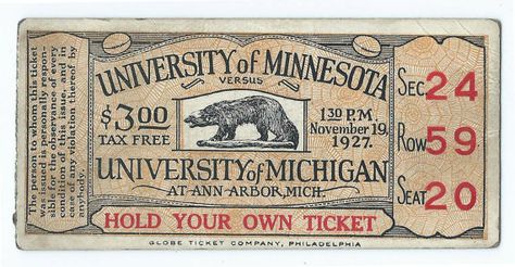 1927 University of Michigan versus University of Minnesota Football Ticket $125.00 Ohio State Vs Michigan, Ohio State Michigan, Michigan Stadium, Detroit History, University Of Michigan Wolverines, Michigan Wolverines Football, Wolverines Football, Football Ticket, Vintage Michigan