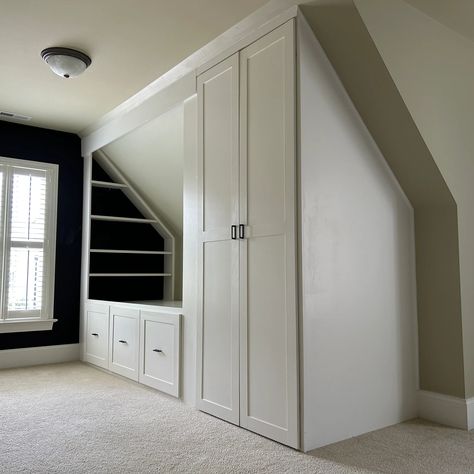 Attic Built In Bed, Shelves & Wardrobe | Built-Ins, Cabinetry ... (Project Name) Bed With Bookshelves, Attic Built Ins, Custom Wardrobe, Custom Entertainment Center, Custom Bedroom, Bookshelf Bed, Finish Carpentry, Built In Bed, Teenage Room