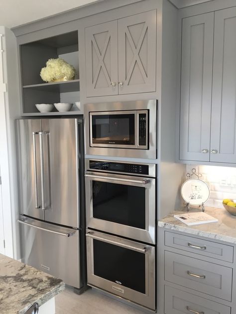 Stunning gray kitchen cabinets with french door refrigerator, farmhouse style accent cabinets, a built-in microwave, and a double in-wall oven #remodelaholic #getthislook Cottage Kitchen Cabinets, Gray Kitchen Cabinets, Accent Cabinets, Diy Kitchen Renovation, New House - Kitchen, Gray Kitchen, Future Kitchen, Grey Kitchen Cabinets, Kitchen Remodel Ideas