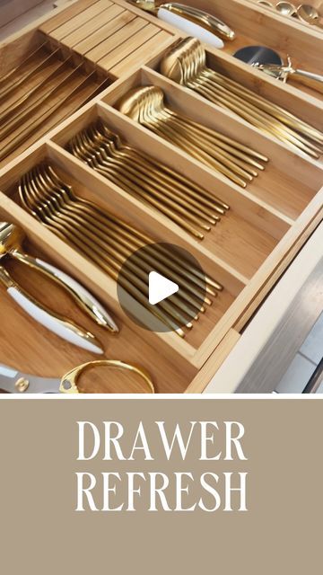 Kami Larae on Instagram: "Drawer Refresh | Do you prefer silver, gold or black? #organize #drawerorganization #asmr #kitchenorganization #kitchen" Wide Kitchen Drawer Organization, Organizing Silverware Drawer, Organize Silverware Drawer, Drawer Organization Kitchen, Kitchen Drawer Organization Ideas, Silverware Drawer Organizer, Silverware Drawer, Drawer Organization, Kitchen Drawer Organization