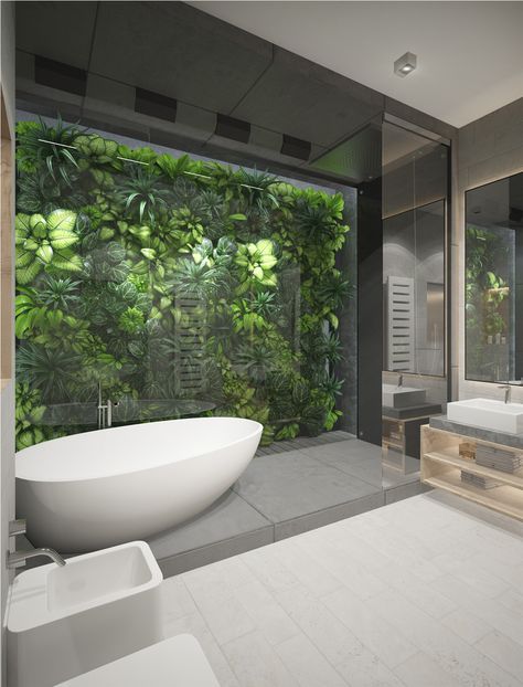 RAINFOREST BATHROOM on Behance Wall Gardening, Jungle Bathroom, Modern Zen Bathroom, Sergey Makhno, Architects Portfolio, Penthouse Interior, Indoor Outdoor Bathroom, Outdoor Bathroom Design, Art Place