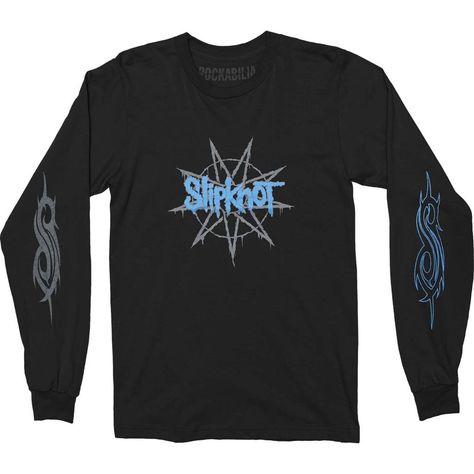 Slipknot long-sleeve graphic tee in black - front view Slipknot Tshirt, Slipknot Shirt, Mens Long Sleeve T Shirt, Men's Long Sleeve T-shirt, Star Logo, Y2k Black, Slipknot, Metal Band, Band Shirts