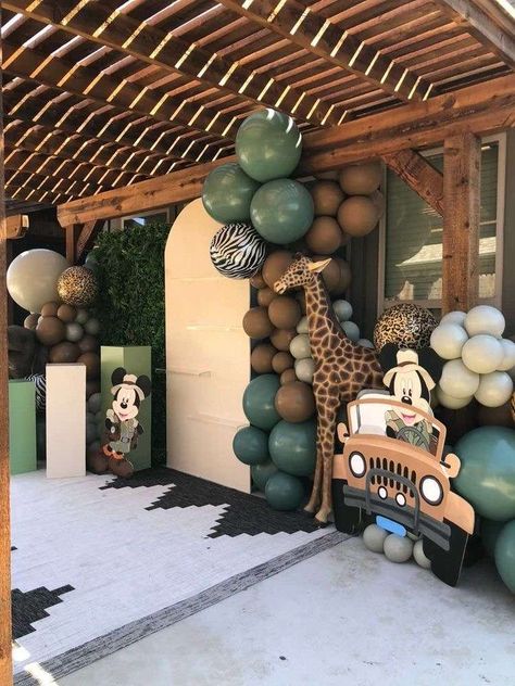 Mickey Goes on a Safari Birthday Party Ideas | Photo 1 of 23 | Catch My Party Mickey Mouse Jungle Safari, Mickey Jungle Safari Party, Mickey Mouse Birthday Safari, Mickey Safari Backdrop, Safari Bday Party Ideas, Mickey Safari Baby Shower Ideas, Minnie Mouse Safari Birthday Party, Mickey Safari 1st Birthday, Wild Theme Birthday Party Decoration