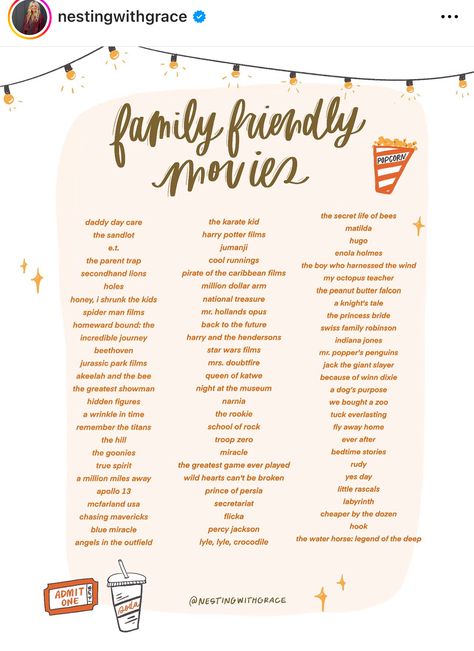 Family Movie Ideas, Family Movie List, Family Friendly Movies, Harry And The Hendersons, Secondhand Lions, Movie Popcorn, Swiss Family Robinson, A Knight's Tale