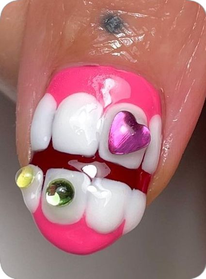 Cutest thumbs in all the land for @kinakayako 💗 teeth recreated from @tengoku_nails & strawberry made using @realhotgurlnails method 🍓🦷… | Instagram Dental Nail Art, Ugly Nails Weird, Tooth Nails, Teeth Nails, Nails Strawberry, Ugly Nails, Strawberry Nails, Berry Nails, Bubble Nails