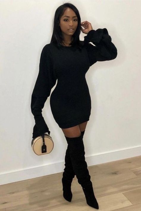 Pijamas Women, Paris Mode, Tokyo Fashion, Outfit Trends, Black Women Fashion, All Black Outfit, 가을 패션, Casual Fall Outfits, Thigh High Boots