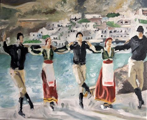 Greek Dancers Painting Dancers Painting, Greek Dancing, Dancing Art, Dancer Painting, Dance Paintings, Go Greek, Greek Culture, Wedding Illustration, Traditional Dance