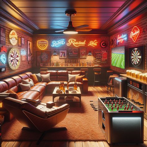 Step into a man cave that breathes leisure. Mahogany tones paired with rustic brick walls set the stage for an inviting retreat. Enjoy games on a large flat-screen TV, challenge friends on the pool or foosball table, or just sit back in the plush recliner. Neon signs, unique memorabilia, a stocked mini-fridge, and a popcorn machine heighten the fun, laid-back vibe. #MancaveDesign #GameRoom #HomeDecor #GadgetsForMen #EntertainmentRoom #InteriorDesign Sports Bar Decor Basement, Man Cave Tv Wall, Tv Challenge, Garage Bars, Man Cave Lighting, Man Cave Design, Man Cave Room, Home Bar Rooms, Pub Sheds