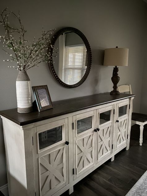 Server Ideas Dining Room, Sideboard Buffet Entryway, Modern Farmhouse Accent Cabinet, Modern Farmhouse Dining Room Buffet Decor, Modern Farmhouse Buffet Table, Top Of Buffet Decor, Dinning Room Buffet Table Ideas Decor, Dining Server Decor Ideas, Buffet Server Decor Ideas