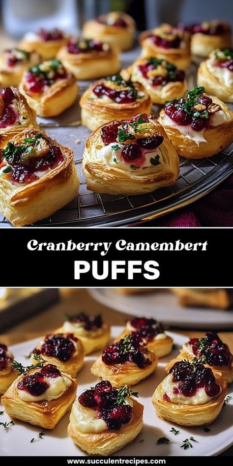 These flaky pastry puffs filled with melty Camembert cheese and sweet cranberry sauce are the perfect bite-sized treat for holiday parties. Camembert Puff Pastry Recipe, Camembert And Cranberry Puff Pastries, Cranberry Camembert Puff Pastry, Puff Pastry Sides, Camembert Cheese Recipes Puff Pastries, Camembert Cheese Recipes Appetizers, Fig Brie Puff Pastry, Cranberry And Brie Puff Pastry Wreath, Puff Pastry Christmas Appetizers