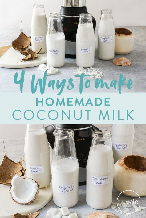 Homemade coconut milk or cream 4 ways! - Luvele US Making Coconut Milk, Homemade Coconut Milk Recipes, Diy Coconut Milk, How To Make Coconut Milk At Home, Homemade Coconut Cream, How To Make Coconut Milk, Homemade Coconut Milk, Homemade Coconut Yogurt, Homemade Nut Milk