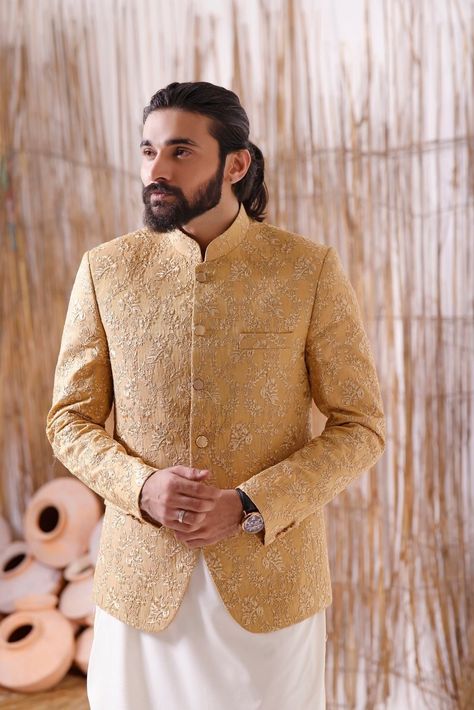 If it irks you to dress up for occasions like the 'nikkah ceremony' where you are supposed to dress formally without being too formal, then try the unbeatable combination of shalwar kameez with the coat. Putting on a nice coat with shalwar kameez will give you an aura of grace without taking away your ease. Handmade Men's Formal Prince Coat. Men Formal Prince Coat with Gold Mesuri Embroider Coat Men Wedding, Poor Clothes, Nikkah Ceremony, Prince Coat, Waistcoat Men, Coat Men, Navy Blue Fabric, Men Formal, Mens Formal