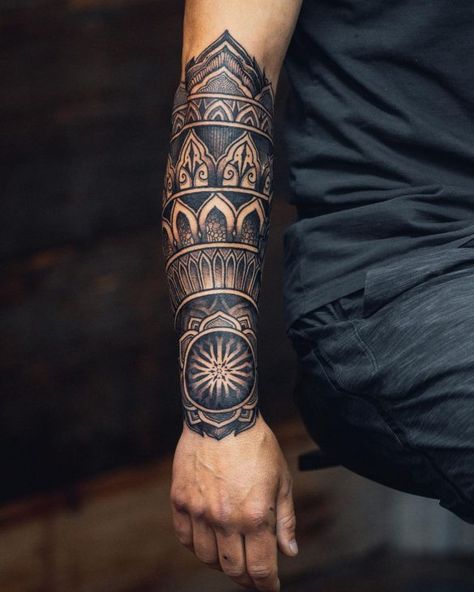 Half Sleeve Tattoo Mandala, Mandala Half Sleeve, Half Sleeve Tattoo Upper Arm, Half Arm Sleeve Tattoo, Mandala Tattoo Men, Forearm Cover Up Tattoos, Half Sleeve Tattoos Forearm, Mandala Tattoo Sleeve, Geometric Sleeve Tattoo