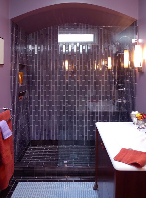 Bathroom Glamour - Transitional - Bathroom - San Francisco - by Kathleen Monroe Design | Houzz Dark Purple Tile, Purple Tiles Bathroom, Purple Shower Tile, Deep Purple Bathroom, Purple Tile Bathroom, Purple Bathroom Tile, Dark Purple Bathroom, Bathroom Purple, Second Bathroom