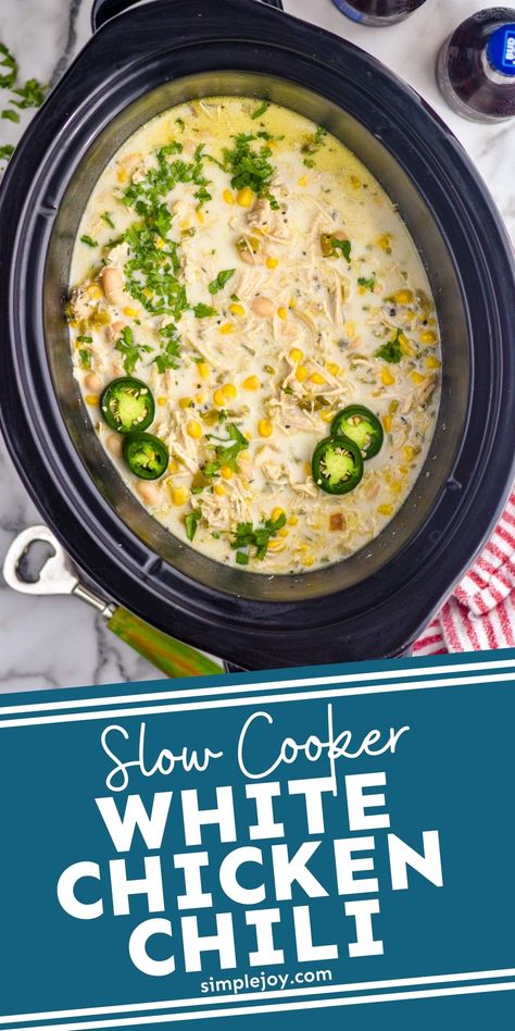 Crockpot White Chicken Chili is such an easy dinner idea. Your slow cooker does most of the work and you are left with a creamy and delicious soup that makes for a filling dinner. Slow Cooker White Chili Chicken, White Chicken Chili Slow Cooker Cream Cheese, Simple White Chicken Chili Crock Pot, White Chicken Enchilada Soup Crock Pot, White Chili Crockpot Recipes, Easy Crockpot White Chicken Chili 5 Ingredient Recipe, Slow Cooker Chicken Chili White, Crockpot White Chicken Chilli, White Chicken Chili No Cream Cheese