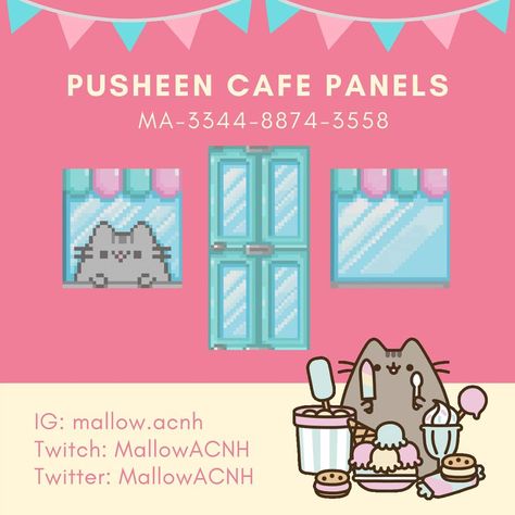 Acnh Cat Cafe Codes, Acnh Pusheen, Panels Animal Crossing, Pusheen Cafe, Acnh Bakery, Kawaii Island, Animal Crossing Cats, Pink Island, Animal Crossing Memes