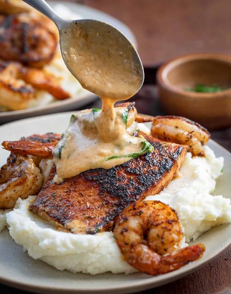 Salmon Recipes Mashed Potatoes, Salmon Over Mashed Potatoes, Blackened Salmon With Cajun Cream Sauce, Seafood Brunch Recipes, Fried Seafood Recipes, Shrimp And Mashed Potatoes Recipes, Sides With Salmon, Shrimp And Salmon Recipes, Shrimp And Mashed Potatoes