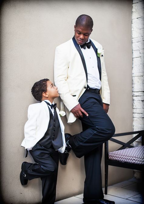 father son wedding day ivory tuxedo black lapel Ivory Tuxedo, White Tux, Boys Tuxedo, Father And Baby, Tuxedo Black, Thanksgiving Outfits, Tampa Wedding, Wedding 2024, Father Son