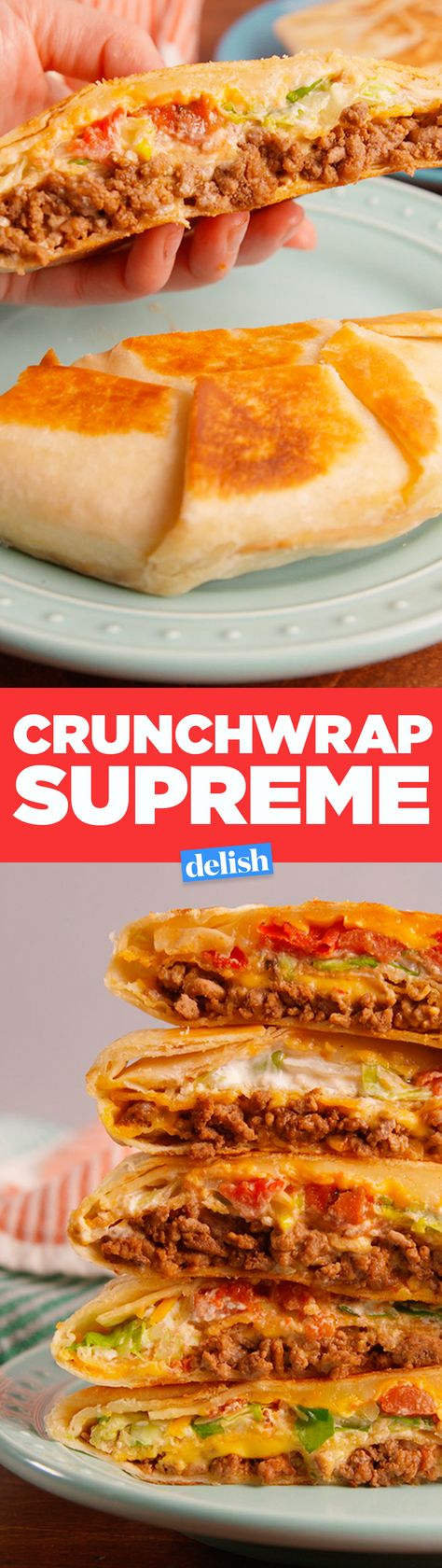 This is how to make a Taco Bell Crunchwrap Supreme at home. Get the recipe in Delish.com. Taco Sandwich, Taco Bell Crunchwrap Supreme, Taco Bell Crunchwrap, Homemade Crunchwrap, Mexican Dinners, Crunchwrap Supreme, Chopped Cheese, Homemade Crunchwrap Supreme, Taco Bake