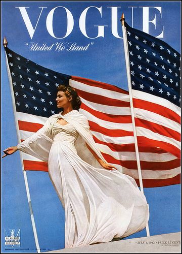 Cover photo by Toni Frissell, Vogue, July 1, 1942 Vintage Vogue Covers, Vogue Magazine Covers, Magazine Vogue, Vogue Archive, Pinup Art, American Flags, Cartoon Posters, United We Stand, Vogue Covers