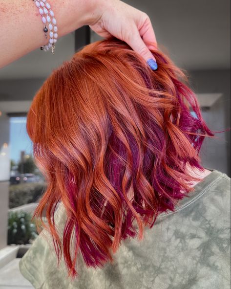 Purple And Coral Hair, Copper Magenta Hair, Copper Hair With Fashion Colors, Edgy Ginger Hair, Autumn Copper Hair Color, Fall Pink Hair Color, Purple Highlights In Red Hair, Color Blocking Red Hair, Fall Red Hair Ideas