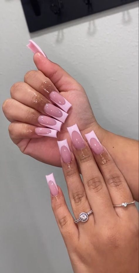 Medium French Tip Acrylic Nails Pink, Simple Pink Acrylics, Pink French Tip Nails With Diamonds, Pink Acyrilics Nails, Medium Long Nails Ideas, Pink On Pink French Tip, Medium French Tip Nails, Cute Medium Length Nails, Nail Inspo Medium Length