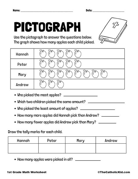 Apple Pictograph Sheet - TheCatholicKid.com Data Handling Grade 3 Worksheets, Pictograph Worksheet For Grade 1, Data Handling For Class 1, Pictograph Worksheet, Pictograph Activities, Marzano Strategies, Picture Graph Worksheets, Conjunctions Worksheet, Worksheets For Grade 1