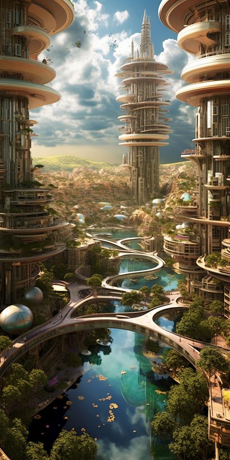 Futuristic Building, Sci Fi City, Eco Architecture, Building Designs, Fantasy City, Futuristic Art, Fantasy Places, Futuristic City, Future City