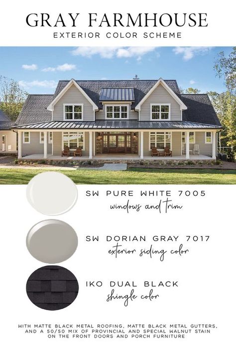 House Exterior Colors Schemes With Black Windows, Farmhouse Exterior Paint Colors Grey, Garage Siding Ideas Exterior Colors, Modern Paint House Exterior, Outside Farmhouse Colors, Greige House Color Scheme Exterior, Color Exterior House Ideas, Gray Exterior Farmhouse, Exterior Farmhouse Color Schemes