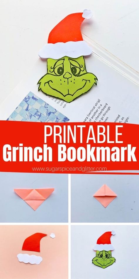 How to Make a Grinch Bookmark with Kids Christmas Bookmark Ideas, Grinch Bookmarks, Grinch Template, Free Printable Grinch, Make A Grinch, Origami Folds, Library Christmas, Grinch Crafts, Simple Origami