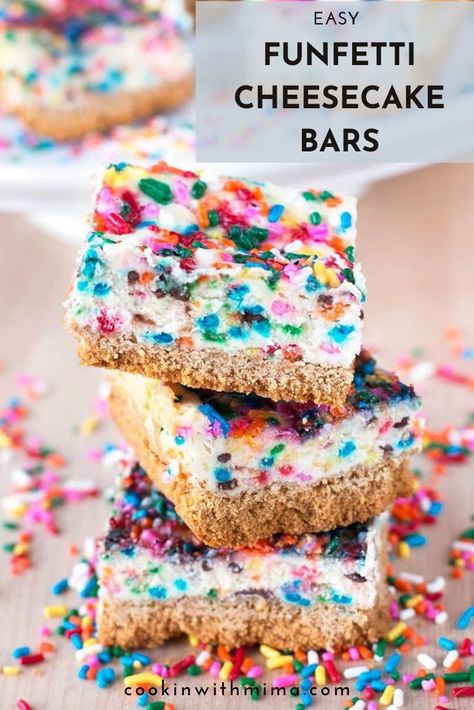 These delicious and easy funfetti cheesecake bars make the perfect dessert! They are quick and easy to make and a family favorite. These cheesecake bars make the perfect dessert for any celebration. They are great for birthdays, Valentine's day, Christmas, or just a weeknight treat!  | #funfetti #cheesecake #dessertrecipes #cookinwithmima Funfetti Cheesecake Bars, Keto Valentines, Funfetti Cheesecake, Birthday Cheesecake, Valentines Recipes Desserts, Cheesecake Bar Recipes, Strawberry Mousse, Low Carb Cheesecake, Valentine Desserts