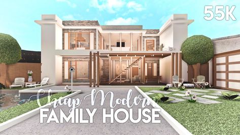 bloxburg house 55K Family House Bloxburg, Luxury Ranch House Plans, Aesthetic Mansion, Roblox Hacks, Preppy House, Modern Family House, Family Houses, Two Story House Design, House Plans With Pictures