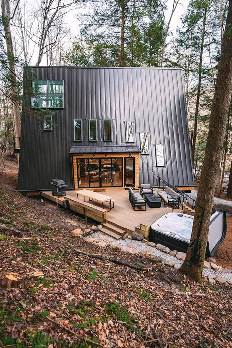 A Frame Lake Cabin, A Frame Color Schemes, Dunlap Hollow A Frame, A Frame Cabin Plans Layout, Black A Frame House, Writers Cabin, A-frame Interior, Modern A Frame Cabin, Frame Cabins