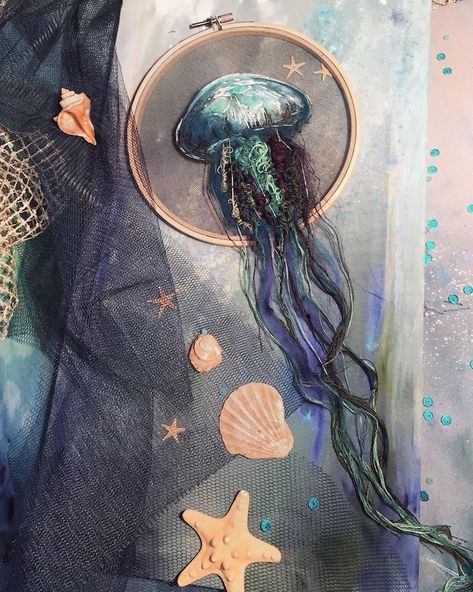 Embroidered Jellyfish, Jellyfish Embroidery, Tulle Embroidery, Contemporary Embroidery, Thread Painting, Hand Embroidery Art, Embroidery Hoop Art, Stitching Art, Embroidery Inspiration