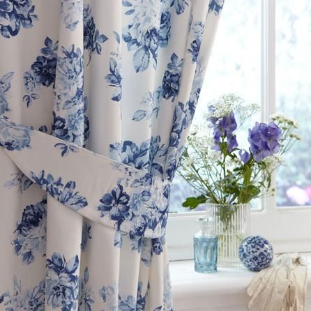 Blue Annabella Collection Curtains | Dunelm Mill Blue Curtains Bedroom, Blue Floral Curtains, Dunelm Bedding, Curtains Dunelm, Decoration Shabby, Blue White Decor, Blue Cottage, Shabby Chic Bedroom, Blue Curtains