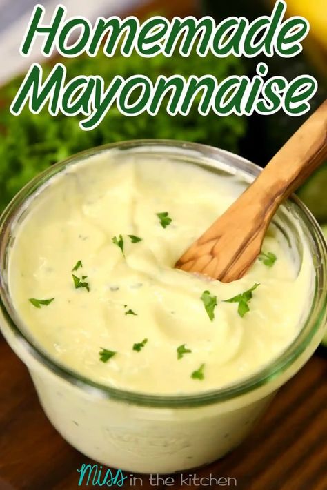 Homemade Mayonnaise is so simple to make and will make your sandwiches and salads super creamy and delicious. Make Your Own Mayonnaise, Blooming Onion Sauce, Homemade Mayonnaise Recipe, Homemade Mayo, Mayonnaise Recipe, Creamy Cucumber Salad, Creamy Cucumbers, Homemade Mayonnaise, Homemade Salads