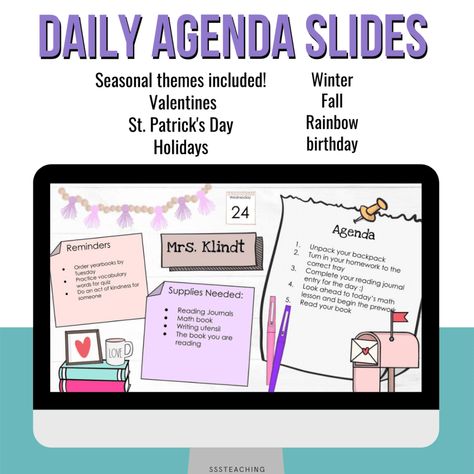 Teacher Agenda Slides, Daily Agenda Classroom Google Slides, Daily Slides For Classroom, Classroom Agenda, Agenda Slide, Daily Agenda Slides, Classroom 2023, Classroom Community Activities, 3rd Grade Books