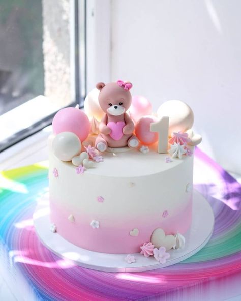 Cake For 1 Year, Cake For First Birthday Girl, Cake For 1 Year Girl, 1st Birthday Cake Girl, First Birthday Cake Girl, 1 Year Birthday Cake, 1st Birthday Cake Designs, One Year Birthday Cake, Teddy Bear Birthday Cake