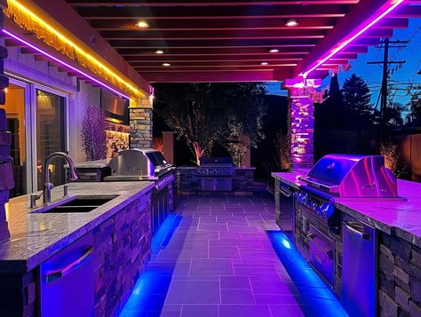 14 Modern Outdoor Kitchen Lighting Ideas | Garden.Lighting Patio Countertop, Outdoor Kitchen Lighting Ideas, Led Bar Lighting, Modern Lighting Ideas, Outdoor Kitchen Lighting, Installing Led Strip Lights, Lights For Patio, Kitchen Led Lighting, Gazebo Roof