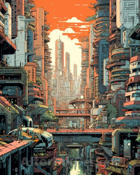 Cyberpunk City Drawing, Atompunk City, Futuristic City Concept Art, Cyberpunk City Art, Cyberpunk Landscape, Cyberpunk Elements, Cyberpunk Drawing, Landscape Anime, Punk Illustration