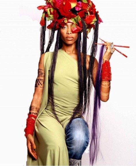 Erykah Badu, Long Hair, A Woman, Flowers, Hair, White