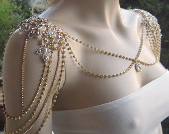 Wedding shoulder necklace | Etsy Shoulder Jewelry, Shoulder Necklace, Wedding Necklaces, Beaded Wedding, Strapless Jumpsuit, Necklace Wedding, Necklace Pearl, Wedding Headband, Fantasy Dress