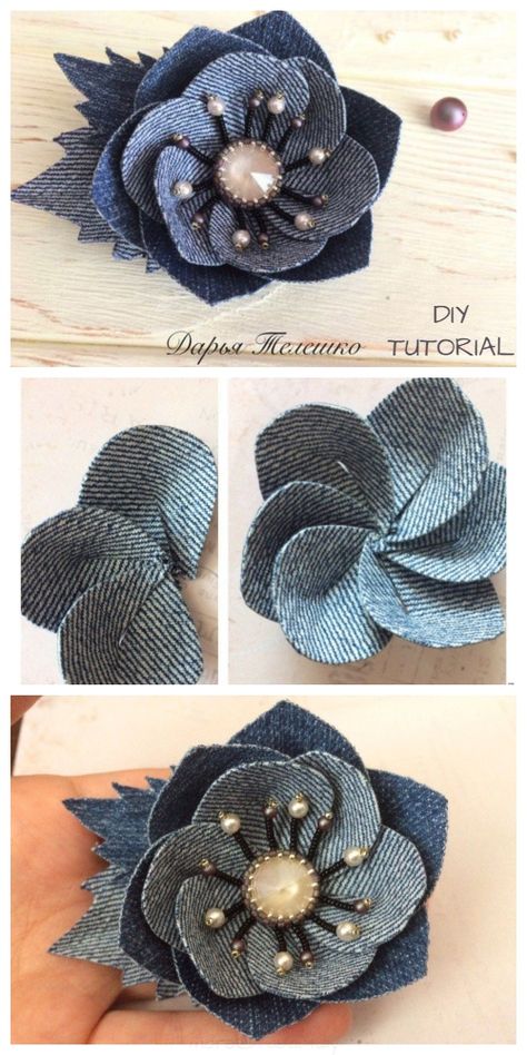 DIY Recycled Denim Jean Flower Free Sewing Patterns Återvinna Jeans, Denim Crafts Diy, Blue Jeans Crafts, Fabric Flower Brooch, Fabric Sewing Patterns, Fabric Brooch, Free Sewing Patterns, Denim Jewelry, Denim Flowers