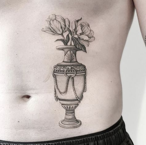 Roman Vase Drawing, Rose Vase Tattoo, Italian Vase Tattoo, Antique Style Tattoos, Antique Vase Tattoo, Floral Vase Tattoo, Roman Vase Tattoo, Vintage Vase Tattoo, Sumo Tattoo