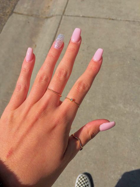 Milky pink acrylic nails with a silver sparkle accent ring finger. Follow me for more nail ideas :) Acrylic Nails With Glitter, Nails With Glitter, Glitter Ring, Pink Acrylic, Pink Acrylic Nails, Nails Acrylic, Ring Finger, Pink Nails, Acrylic Nails